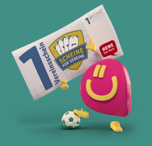 Das REWE Bonus Maskottchen Bo hält lächelnd einen großen Vereinsschein hoch.
