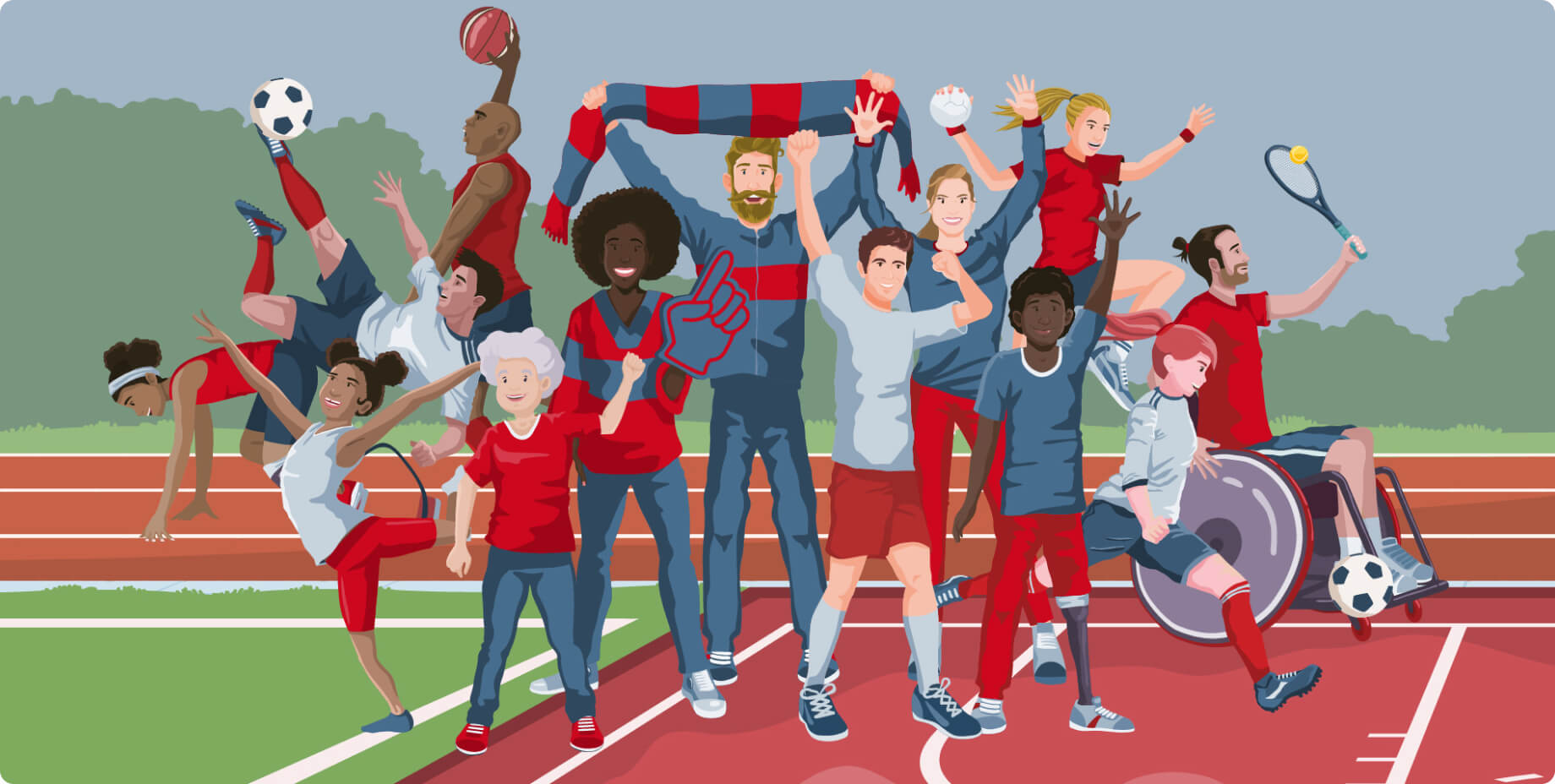 Illustration einer Gruppe von Sportlern und Fans